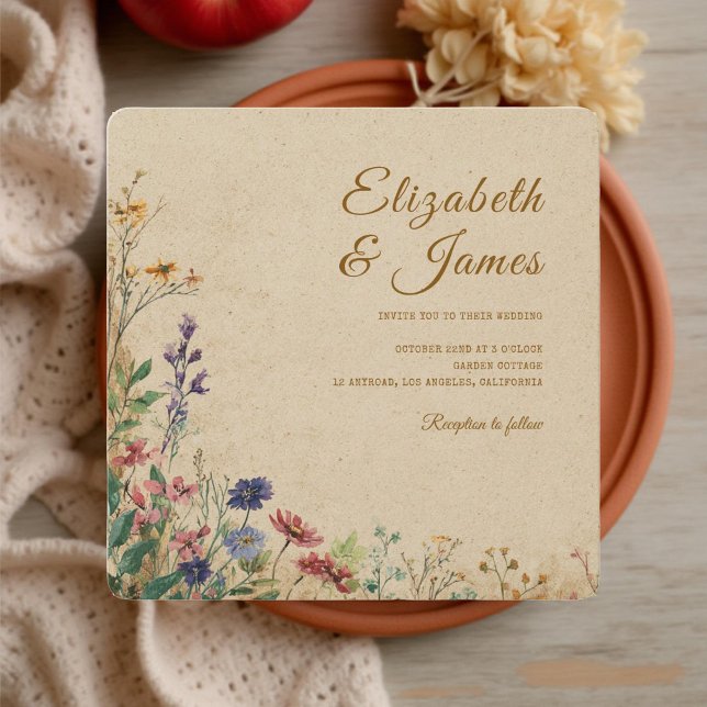 Beige Border Rustic Boho Wildflower Wedding Invitation (Creator Uploaded)