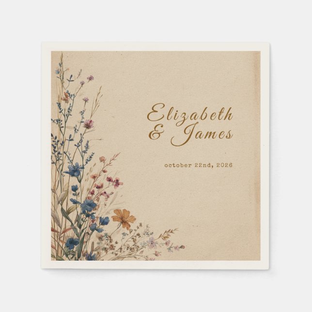 Beige Border Rustic Boho Wildflower Wedding Napkin (Front)