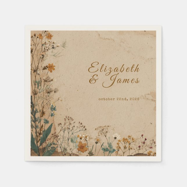 Beige Border Rustic Boho Wildflower Wedding Napkin (Front)