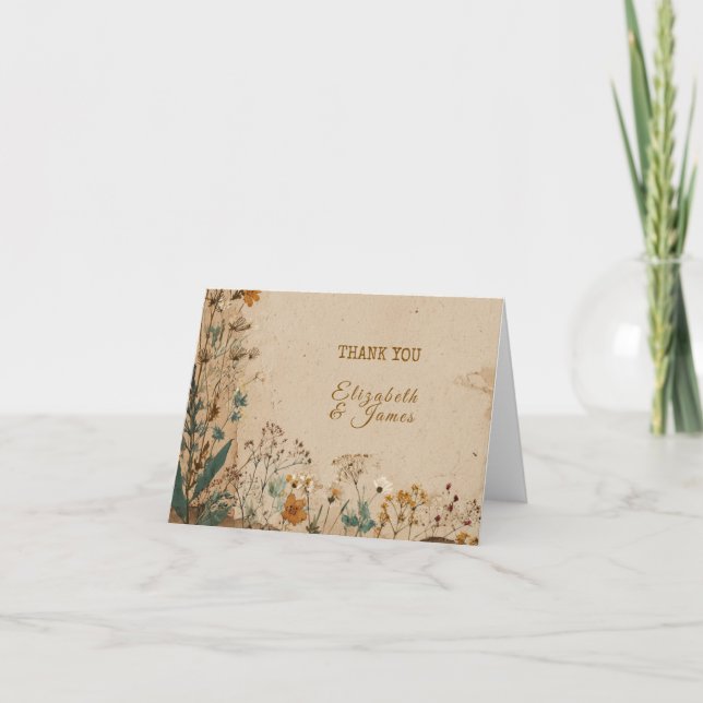 Beige Border Rustic Boho Wildflower Wedding Thank You Card (Front)