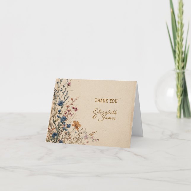 Beige Border Rustic Boho Wildflower Wedding Thank You Card (Front)