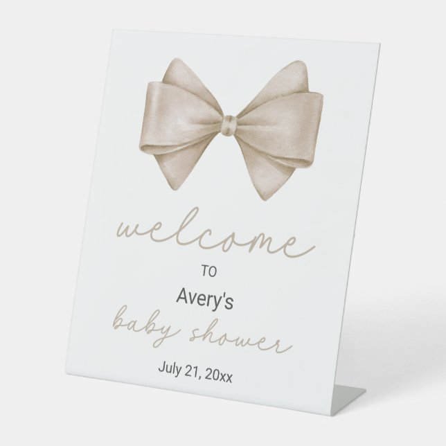 Beige Bow Baby Shower Welcome Pedestal Sign (Front)