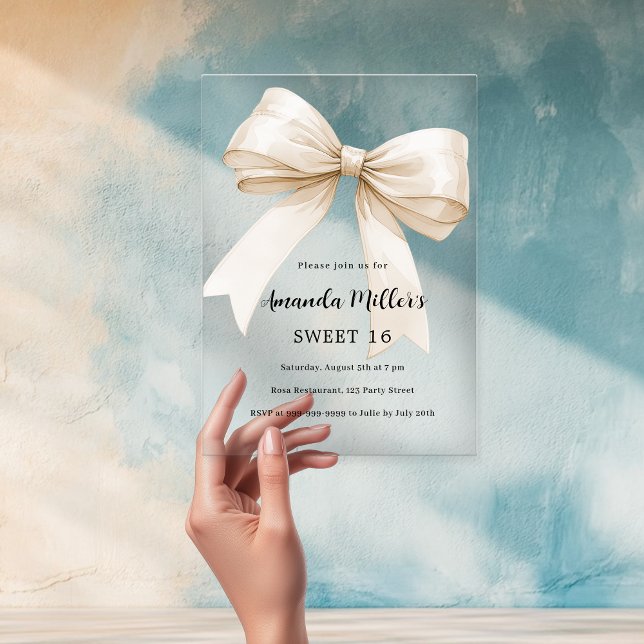 Beige bow elegant clear Sweet 16 luxury Acrylic Invitations (Creator Uploaded)
