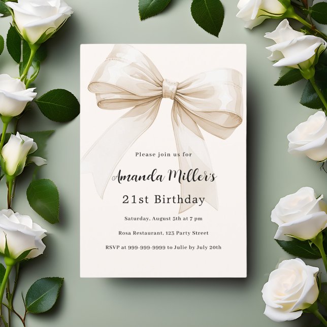 Beige bow elegant luxury birthday invitation (Creator Uploaded)