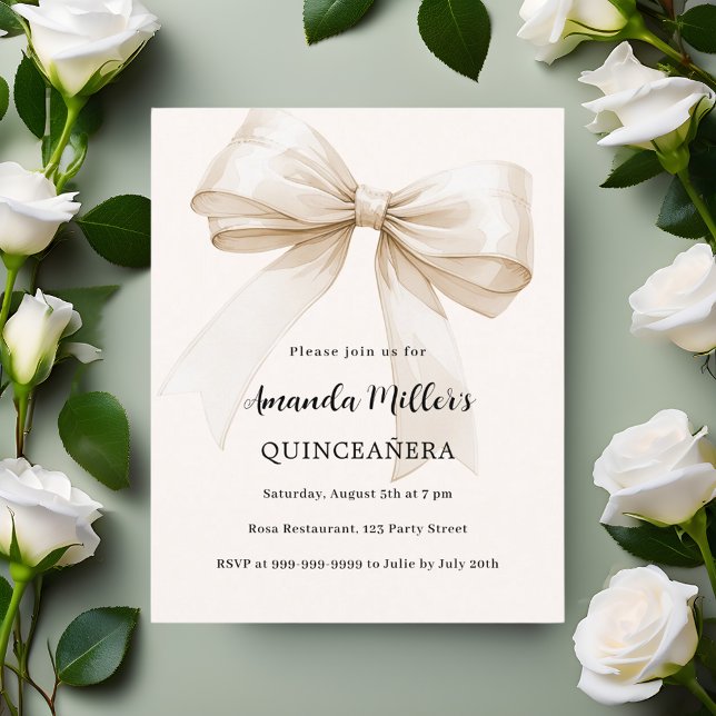 Beige bow elegant Quinceanera invitation (Creator Uploaded)