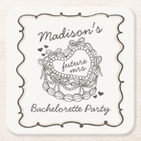 Beige Bow Retro Heart Coquette Cake Bachelorette