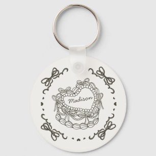 Beige Bow Retro Heart Coquette Cake Favours Key Ring