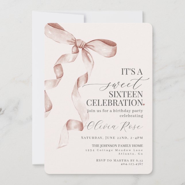 Beige Bow Sweet Sixteen Birthday Party Invitation (Front)