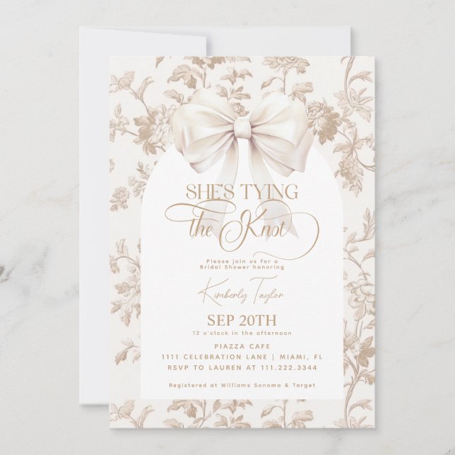 Beige Bow Toile She's Tying The Knot Bridal Shower Invitation (Front)