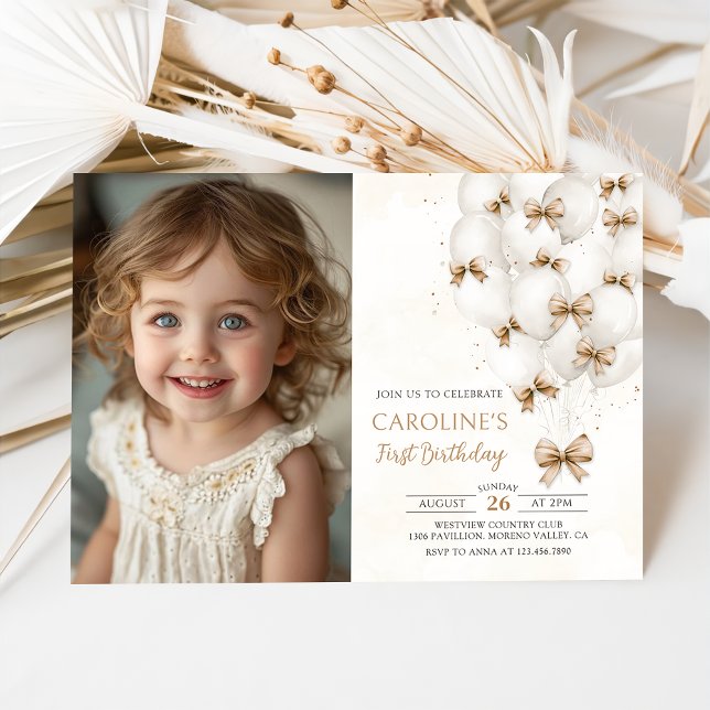 Beige Bows Balloons Birthday Invitation (Creator Uploaded)