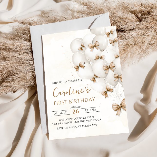 Beige Bows Balloons Birthday Invitation (Creator Uploaded)