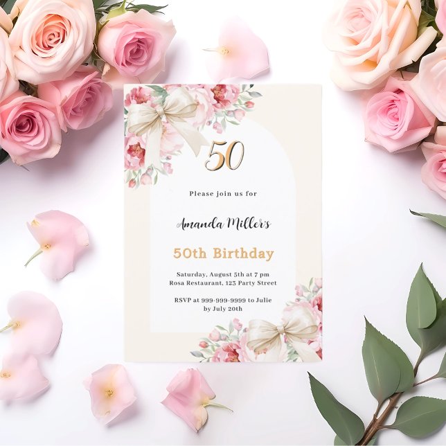 Beige bows pink florals arch luxury birthday invitation (Creator Uploaded)