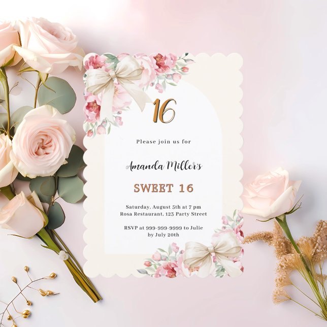 Beige bows pink florals arch scalloped Sweet 16 Invitation (Creator Uploaded)