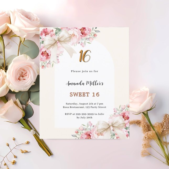 Beige bows pink florals arch Sweet 16 invitation (Creator Uploaded)