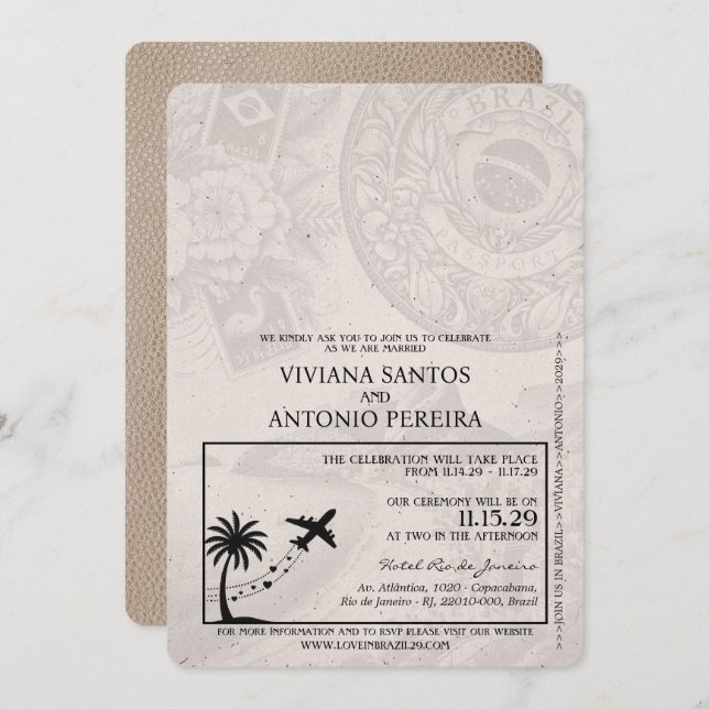 Beige Brazil Passport Wedding Invitation (Front/Back)