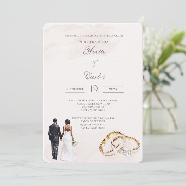 Beige bride and groom with ring Spanish Wedding Invitation (Standing Front)