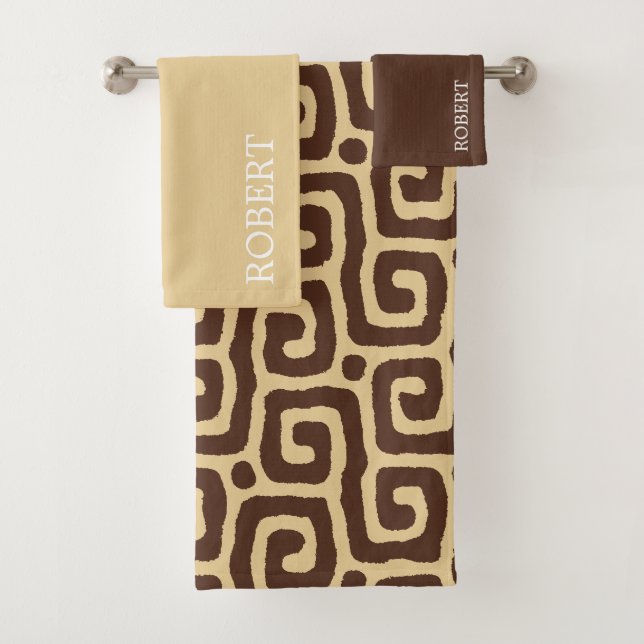  Beige &Brown Abstract Pattern Custom Name Bath Towel Set (Insitu)