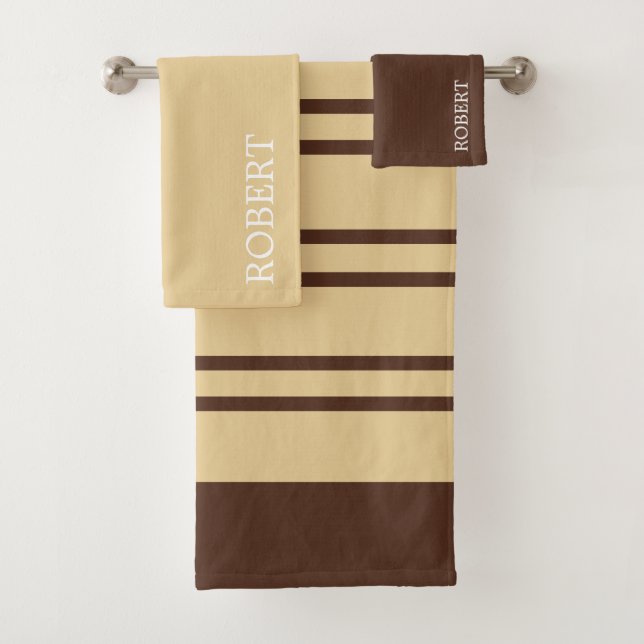  Beige &Brown Abstract Pattern Custom Name Bath Towel Set (Insitu)