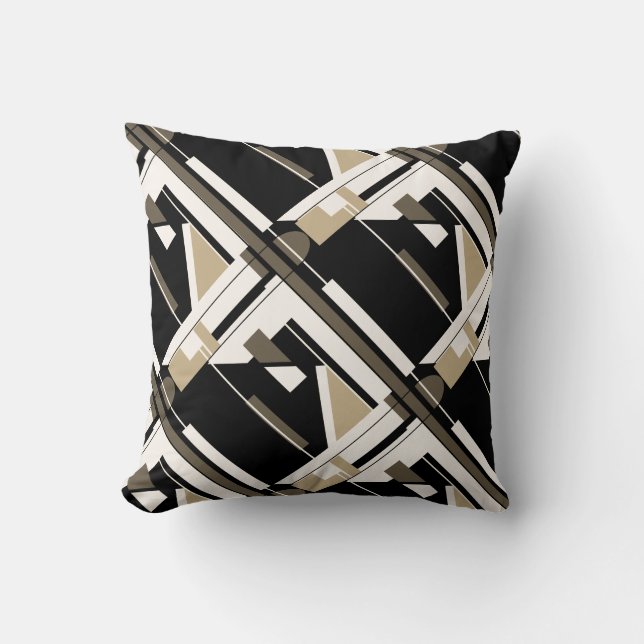 Beige Brown Black White Diagonal Geometric Design Cushion (Front)