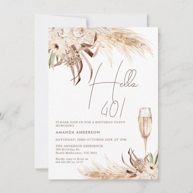 Beige Brown Boho Floral Glass Hello 40 Birthday Invitation (Front)