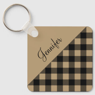 Beige Brown Buffalo Plaid Check Pattern Name Key Ring