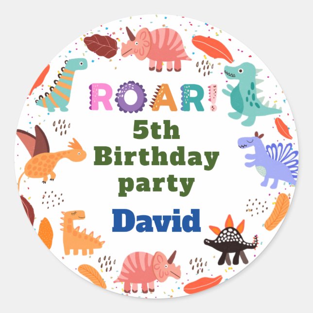 Beige Brown Cute Dinosaur Birthday party  Classic Round Sticker (Front)