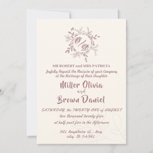 beige brown elegant floral wedding invitation (Front)