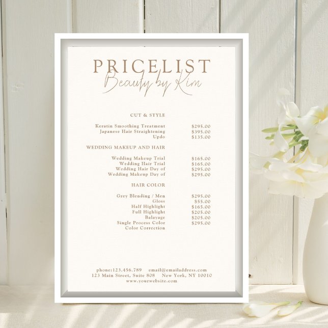 Beige & Brown, Elegant, Salon Price List Poster (Personalized Beige & Brown Elegant, Salon Price List Poster)