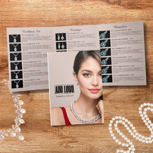 Beige Brown Fashion Jewellery Business Logo Brochu Tri-Fold Card