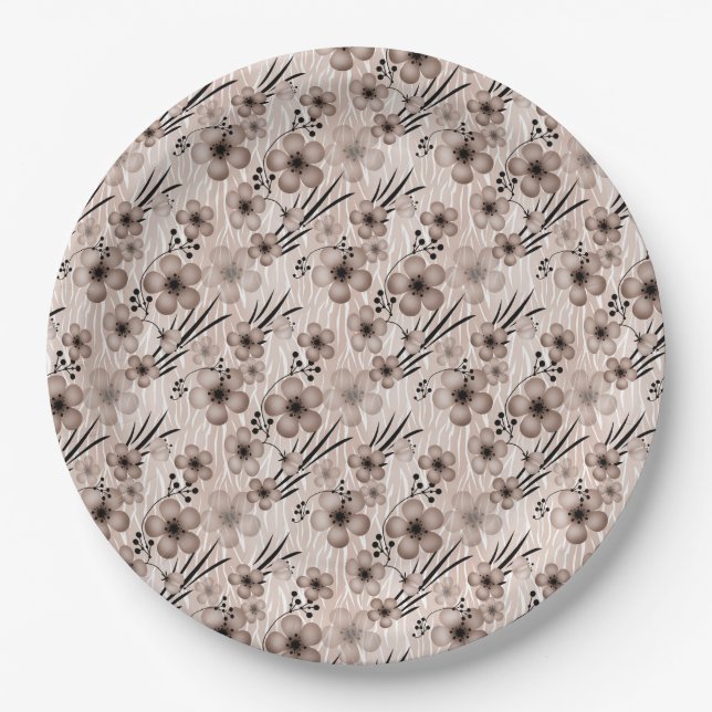 Beige brown flowers pattern on tiger background re paper plate (Front)