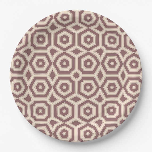beige brown geometric pattern art deco paper plate (Front)