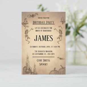 Beige Brown Illustration Halloween Birthday Invitation