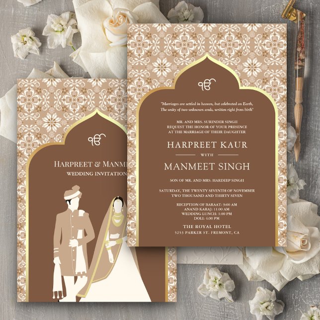 Beige Brown Ivory Pattern Anand Karaj Sikh Wedding Invitation (Creator Uploaded)