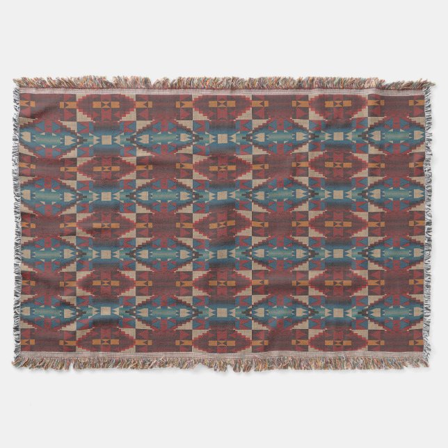 Beige Brown Maroon Red Dark Teal Blue Tribal Art Throw Blanket (Front)