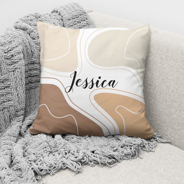 Beige Brown Modern Abstract Boho Pattern Name Cushion (Creator Uploaded)