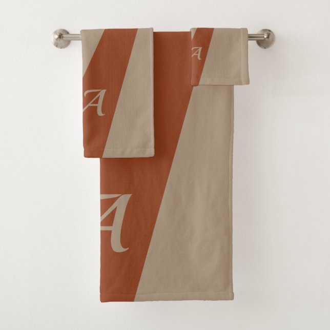 Beige brown modern elegant chic bold monogrammed bath towel set (Insitu)