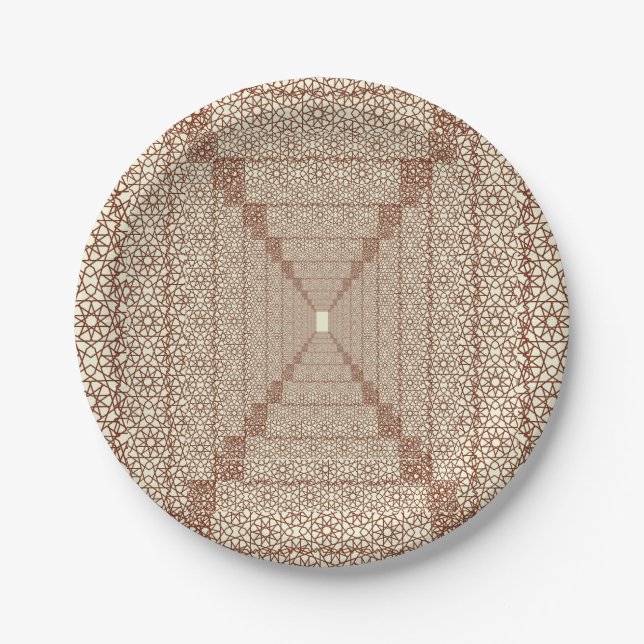 Beige Brown Rustic Islamic Geometric Single Border Paper Plate (Front)