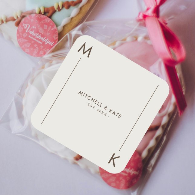 Beige Brown Simple Line Monogram Wedding Square Sticker (Beige Brown Simple Line Monogram Wedding Square Sticker)