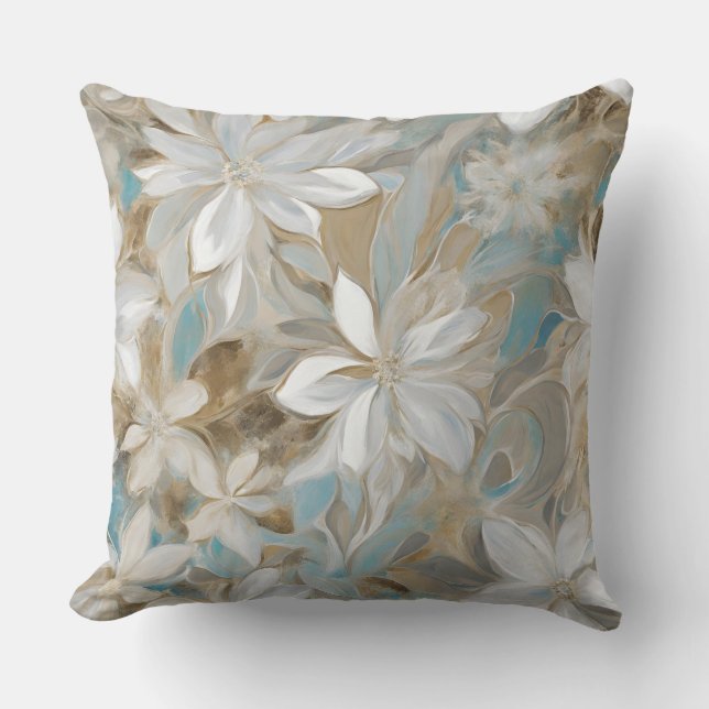 Beige Brown Teal Blue Floral Cushion (Front)
