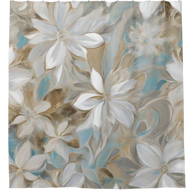 Beige Brown Teal Blue Floral Shower Curtain (Front)