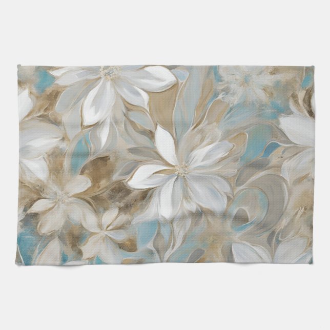 Beige Brown Teal Blue Floral Tea Towel (Horizontal)