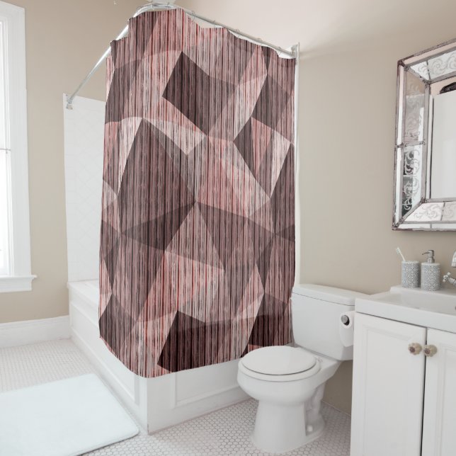 Beige, brown textured polygonal shower curtain (In Situ)