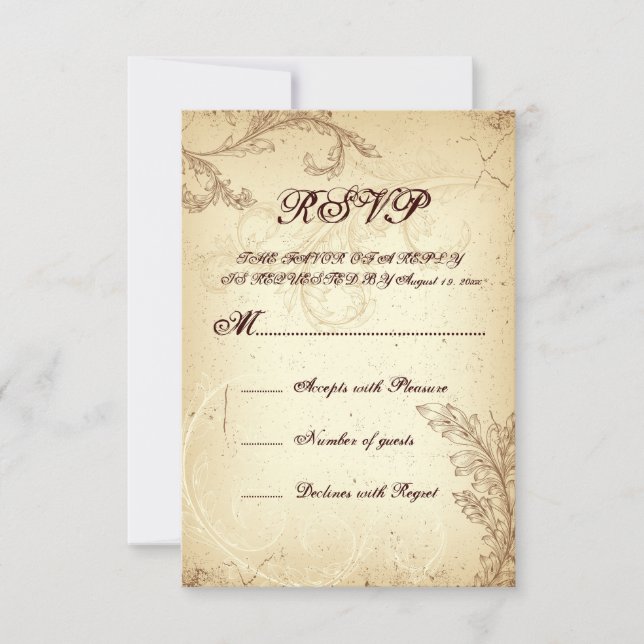 Beige, brown vintage scroll leaf wedding RSVP (Front)
