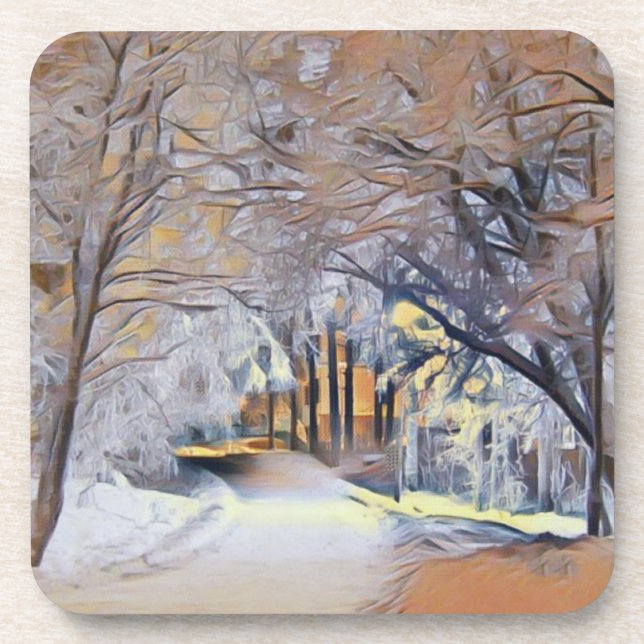 Beige Brown Yellow Winter Scenery Watercolor Coaster (Front)