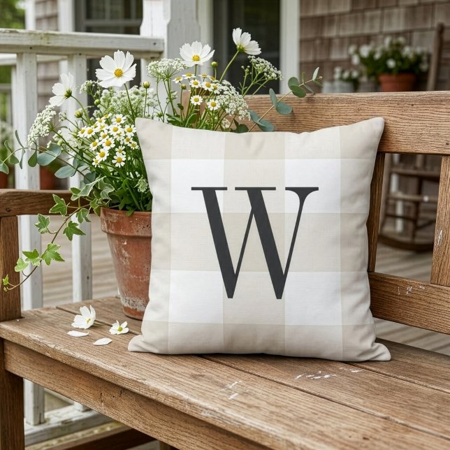 Beige Buffalo Check Monogram | Farmhouse Porch Cushion (Creator Uploaded)