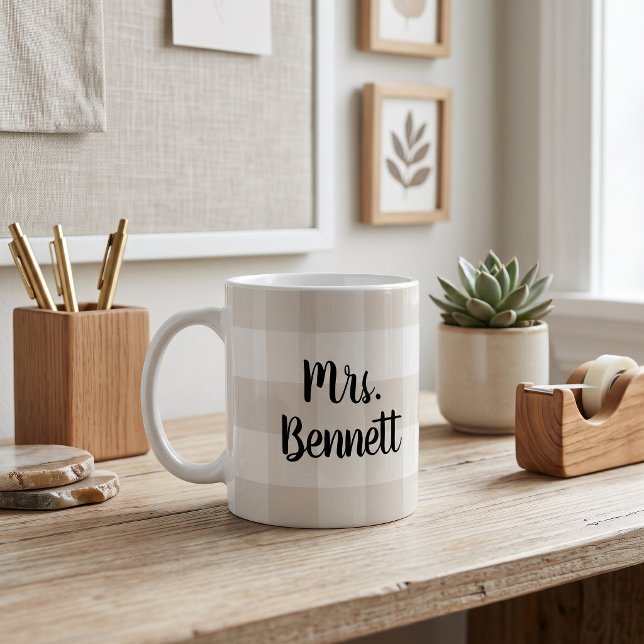 Beige Buffalo Check Monogrammed Teacher Gift Coffee Mug (Creator Uploaded)