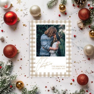 Beige Buffalo Plaid with Photo Christmas Card