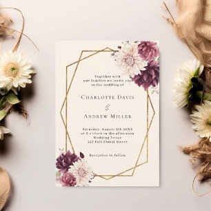 Beige burgundy ivory florals geometric wedding invitation