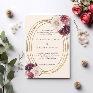 Beige burgundy ivory florals gold frame wedding invitation