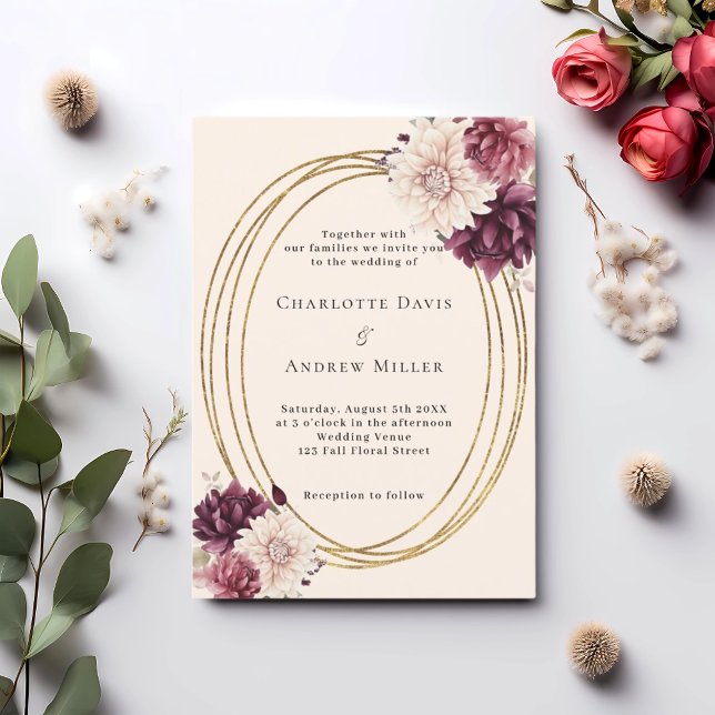 Beige burgundy ivory florals gold frame wedding invitation (Creator Uploaded)
